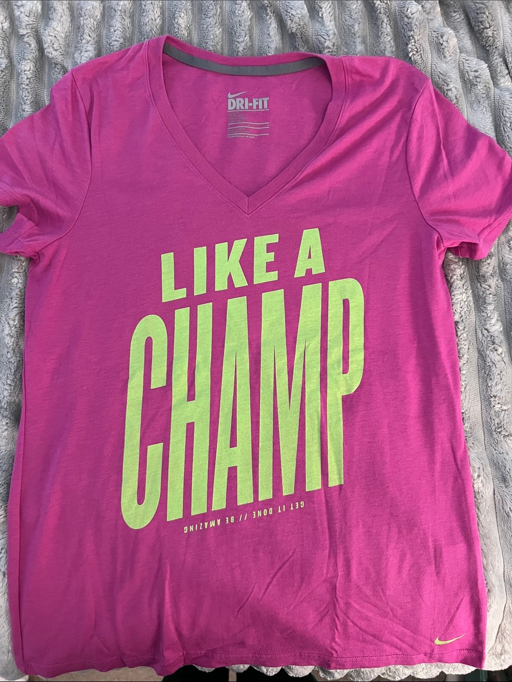 Nike Pink V-Neck Tee with Neon Lime 'Like A Champ' Graphic